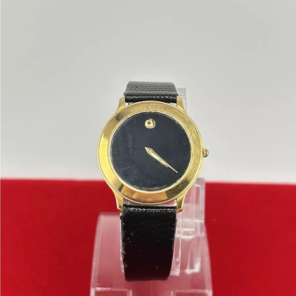 Movado Museum Classic Black Gold Tone Quartz Ladies Watch New Battery #152